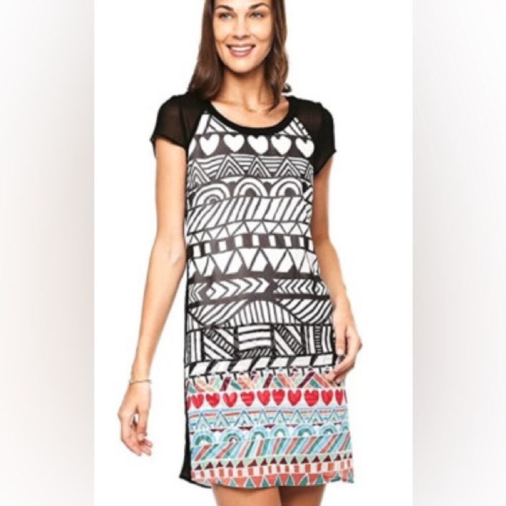 Desigual Robe Risueno Blanc Mini Dress Black Hearts Artsy Size 42 Large
